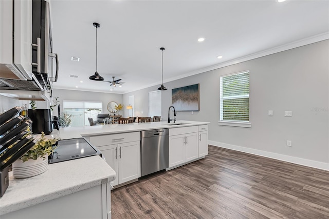 kitchen featuring dark hardwood / wood-style floors, stainless steel dishwasher, sink, hanging light fixtures, and white cabinets