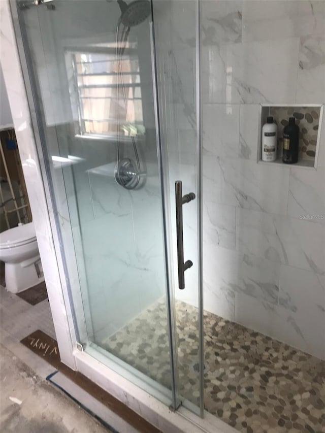 bathroom with toilet and walk in shower