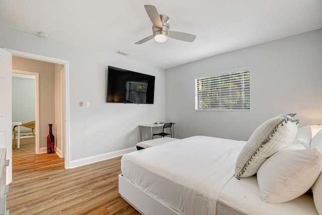 bedroom featuring ceiling fan and light wood-type flooring