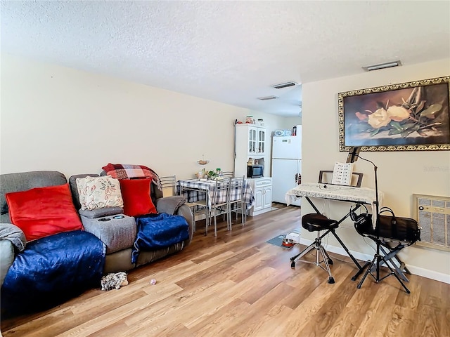 living room featuring hardwood / wood-style flooring and a textured ceiling