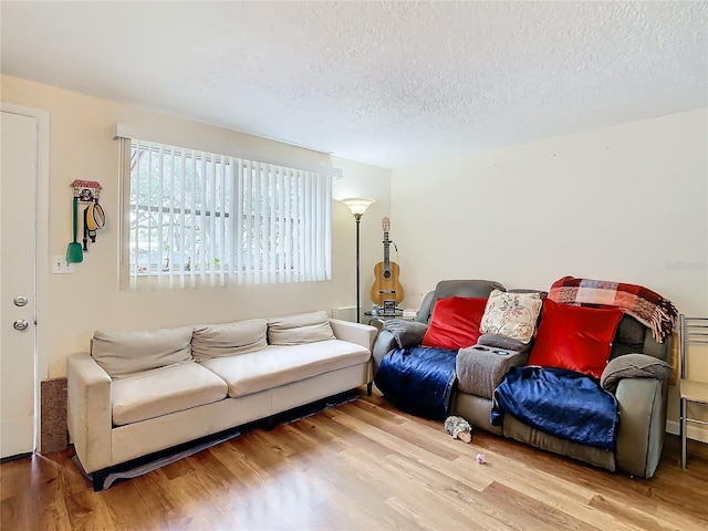 living room featuring wood-type flooring and a textured ceiling