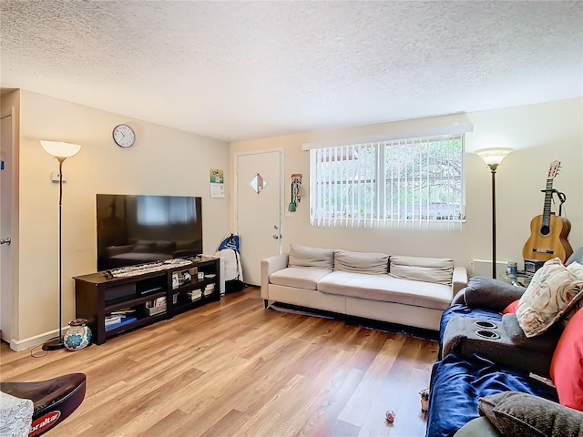 living room featuring hardwood / wood-style flooring and a textured ceiling