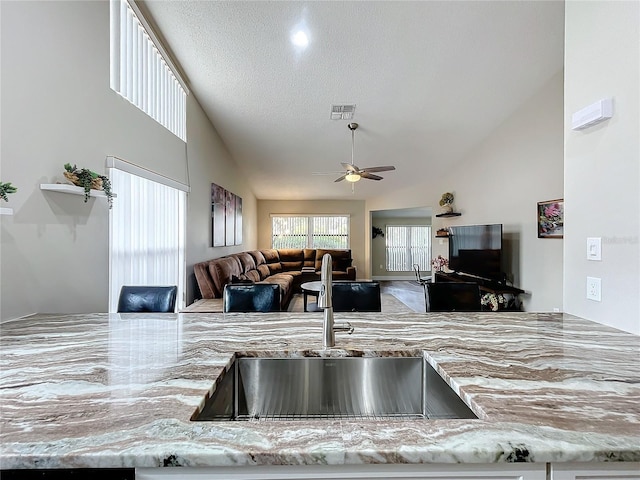 kitchen with a textured ceiling, ceiling fan, lofted ceiling, and sink