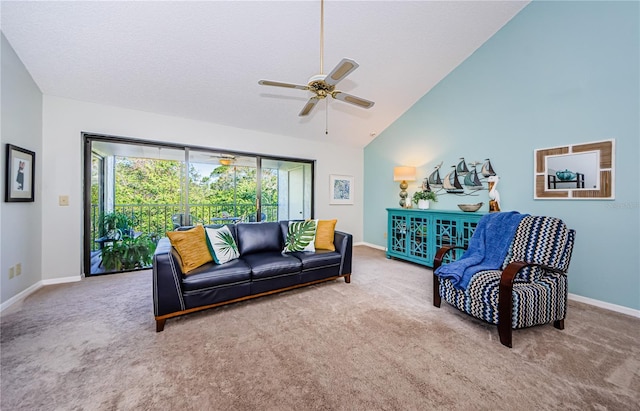 living room with carpet floors, ceiling fan, and high vaulted ceiling