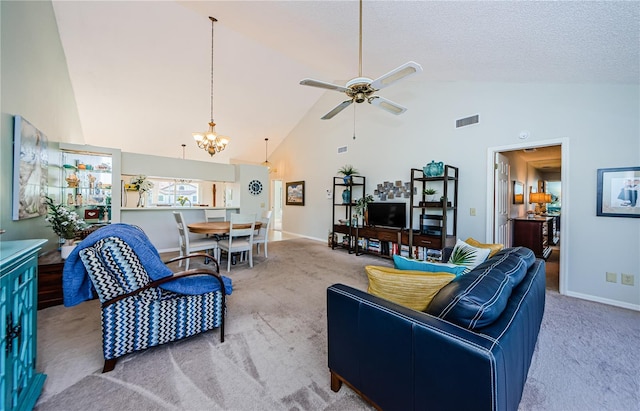 carpeted living room with high vaulted ceiling, ceiling fan with notable chandelier, and a textured ceiling