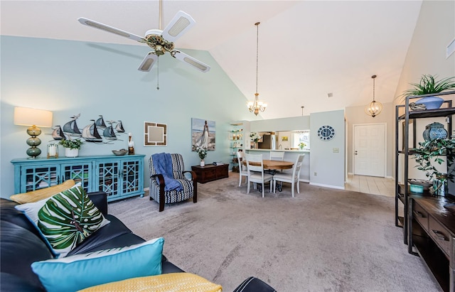 carpeted living room featuring high vaulted ceiling and ceiling fan