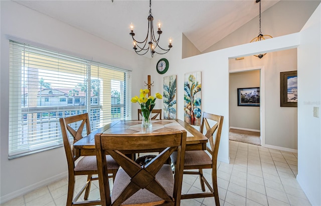 tiled dining room with lofted ceiling and a notable chandelier