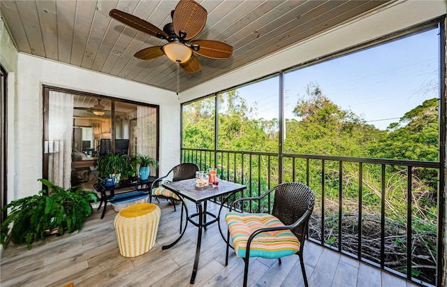 sunroom / solarium with ceiling fan and wood ceiling