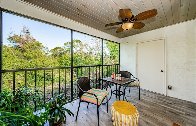 sunroom / solarium featuring wooden ceiling and ceiling fan