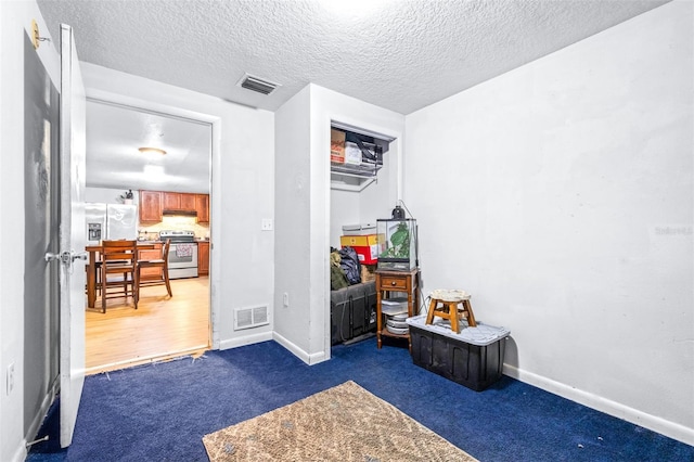 interior space with a textured ceiling and dark carpet