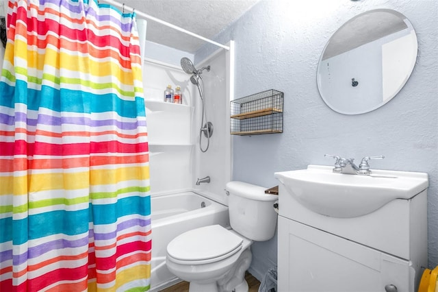 full bathroom with toilet, a textured ceiling, shower / tub combo with curtain, and vanity