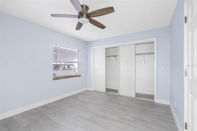 unfurnished bedroom featuring a closet, ceiling fan, and light hardwood / wood-style floors