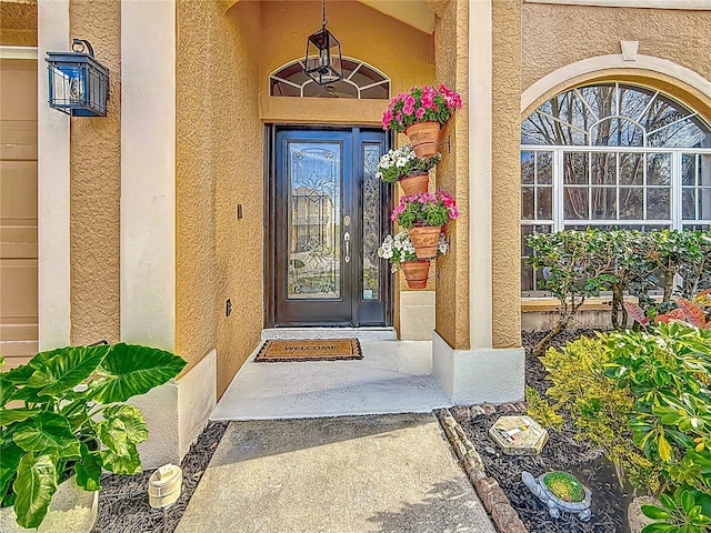 view of exterior entry with stucco siding