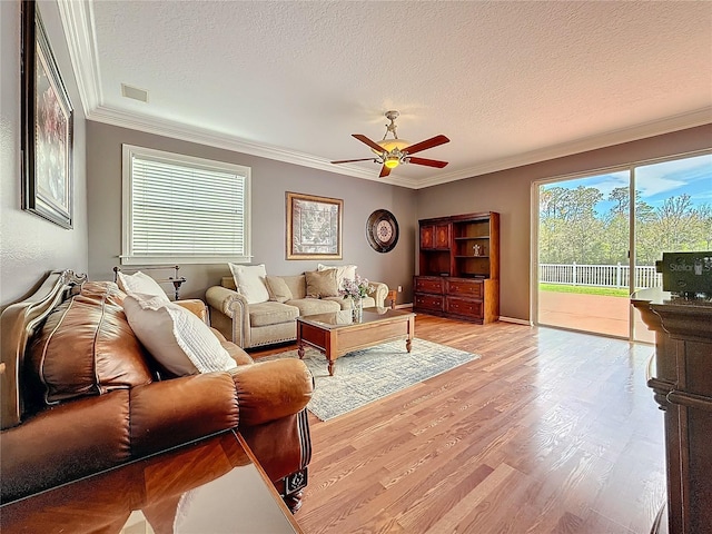 living area with light wood finished floors, a textured ceiling, visible vents, and crown molding