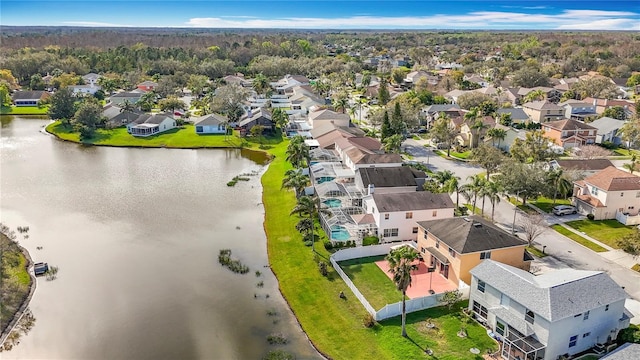 bird's eye view featuring a water view and a residential view