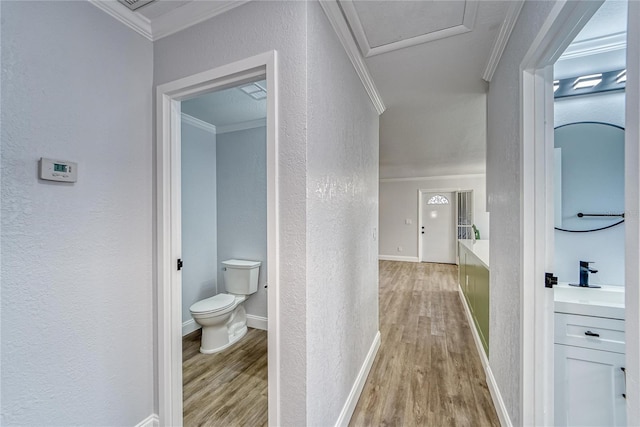 hallway featuring light hardwood / wood-style floors, crown molding, and sink