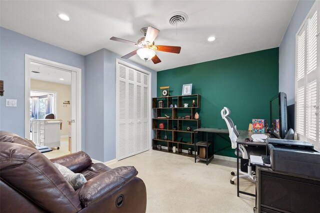 carpeted home office with recessed lighting, visible vents, ceiling fan, and baseboards