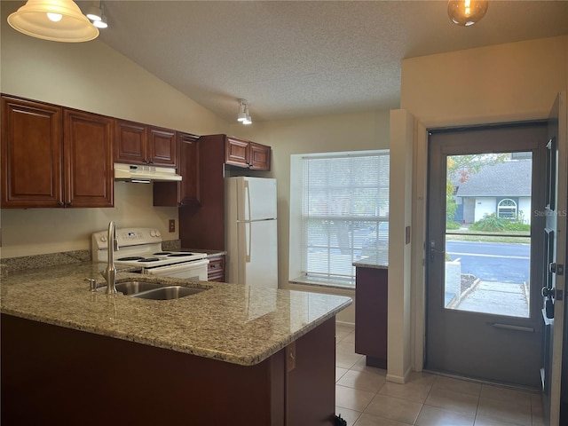 kitchen with a wealth of natural light, white appliances, lofted ceiling, and kitchen peninsula