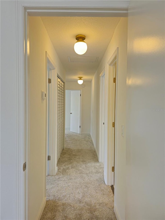 corridor featuring light colored carpet