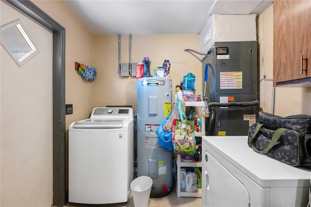 clothes washing area featuring laundry area, electric water heater, and heating unit