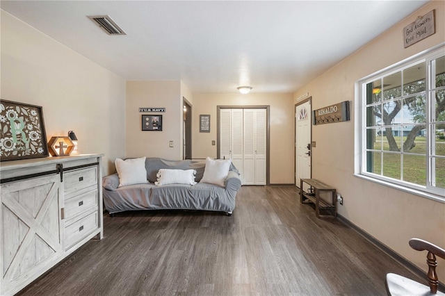 bedroom with dark wood-type flooring and a closet