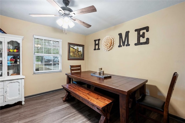 dining area featuring a ceiling fan, baseboards, and wood finished floors