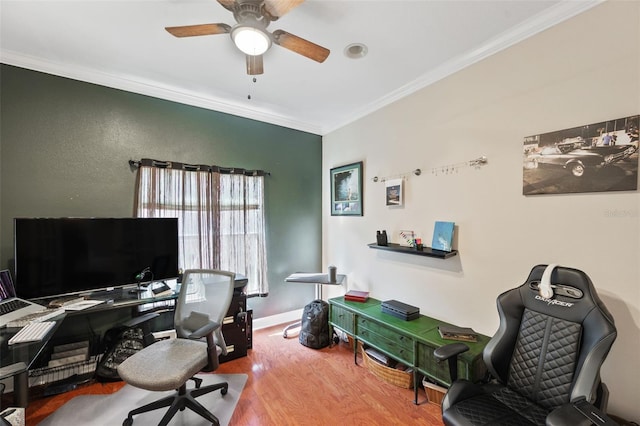 office featuring ceiling fan, hardwood / wood-style flooring, and crown molding