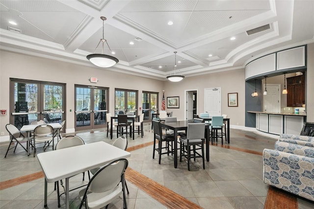 tiled dining room with coffered ceiling, french doors, a towering ceiling, and ornamental molding