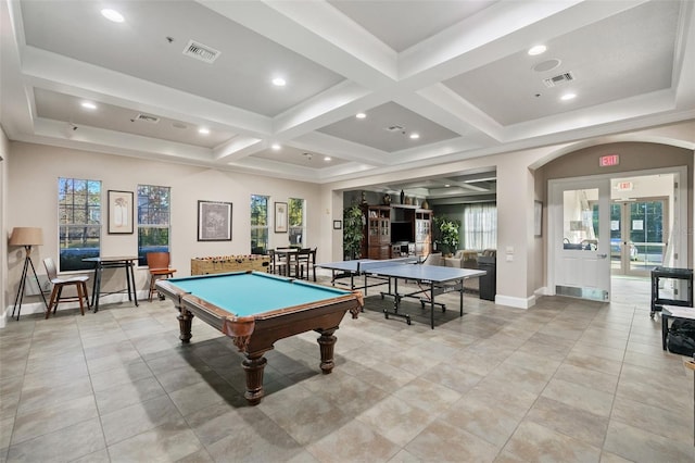 recreation room featuring a healthy amount of sunlight, coffered ceiling, billiards, and beamed ceiling