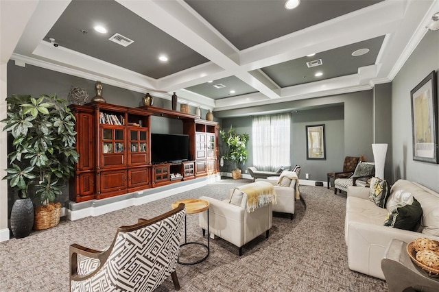 living room with coffered ceiling, carpet flooring, crown molding, and beam ceiling