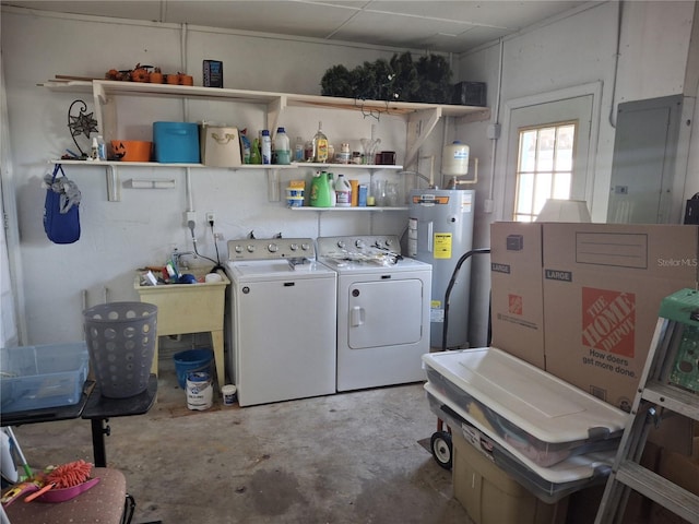 laundry room with water heater and washer and dryer