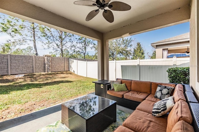 view of patio with ceiling fan and an outdoor hangout area