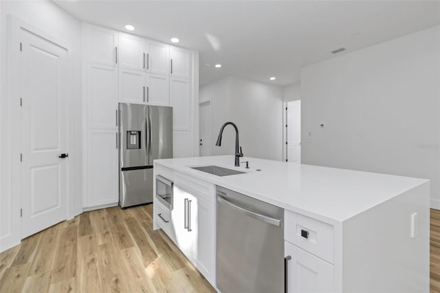 kitchen featuring stainless steel appliances, an island with sink, white cabinetry, and sink