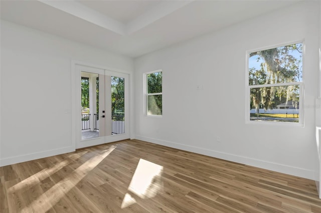 empty room featuring french doors, hardwood / wood-style floors, and a tray ceiling