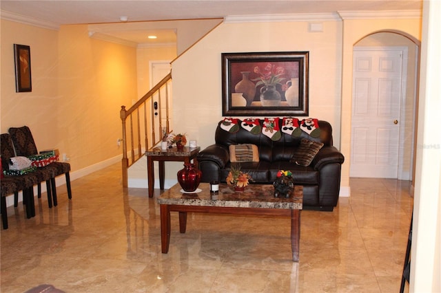 living room with ornamental molding