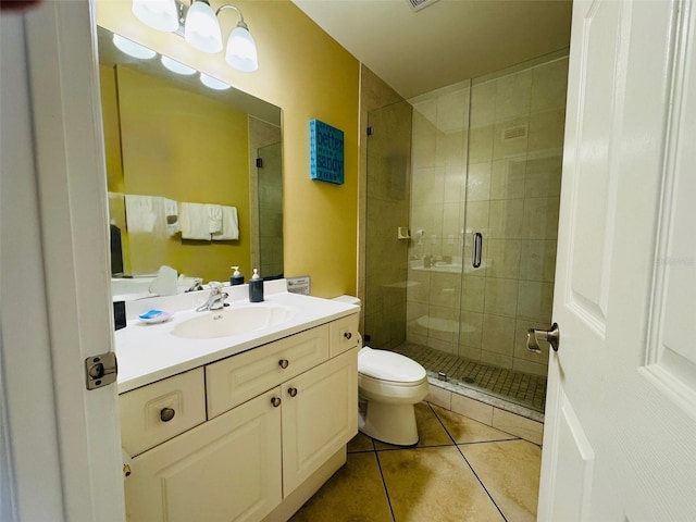 full bathroom with tile patterned flooring, a shower stall, toilet, and vanity