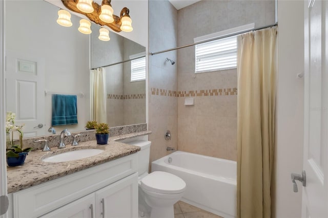 full bathroom featuring toilet, tile patterned floors, shower / bath combo, and vanity