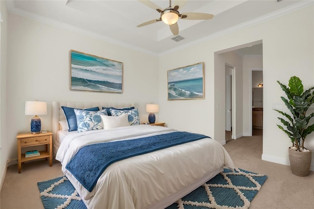 bedroom with ceiling fan, ornamental molding, and light carpet