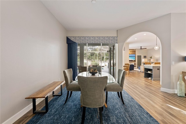 dining room with ceiling fan and hardwood / wood-style floors