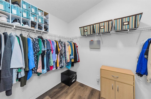 spacious closet featuring lofted ceiling and dark hardwood / wood-style floors