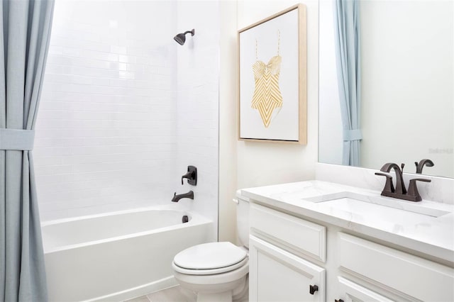 full bathroom with toilet, shower / bath combo with shower curtain, and vanity