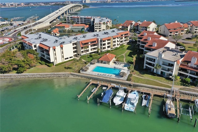 drone / aerial view featuring a water view