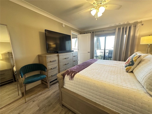 bedroom featuring ceiling fan, wood-type flooring, access to exterior, and crown molding