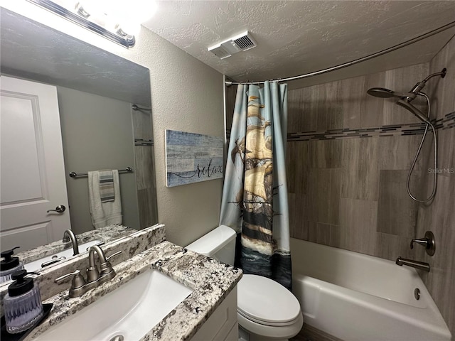 full bathroom featuring a textured ceiling, toilet, vanity, and shower / tub combo with curtain