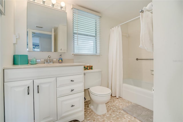 full bathroom with vanity, toilet, shower / tub combo with curtain, and tile patterned flooring