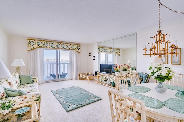 carpeted dining space with a chandelier and crown molding