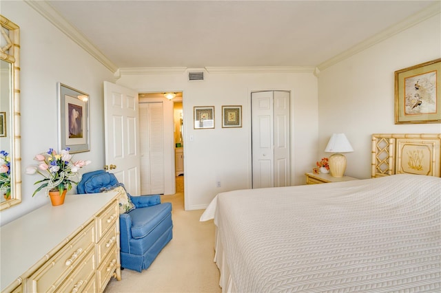 carpeted bedroom featuring a closet and crown molding