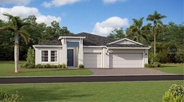 view of front of home with a front yard and a garage