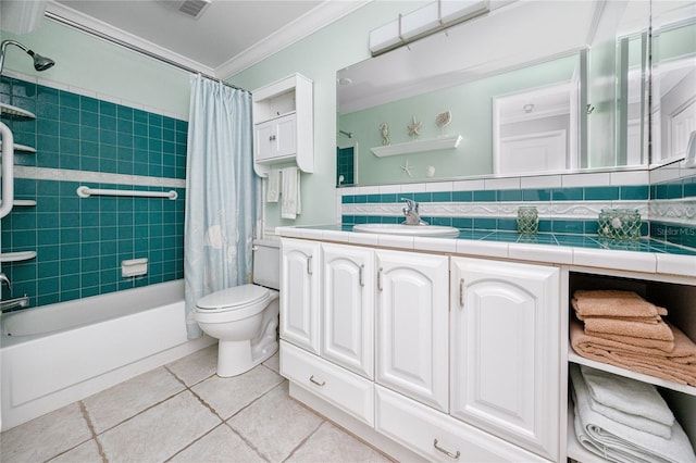 full bathroom featuring vanity, shower / tub combo, tasteful backsplash, toilet, and crown molding