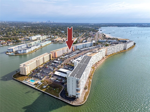 drone / aerial view featuring a water view